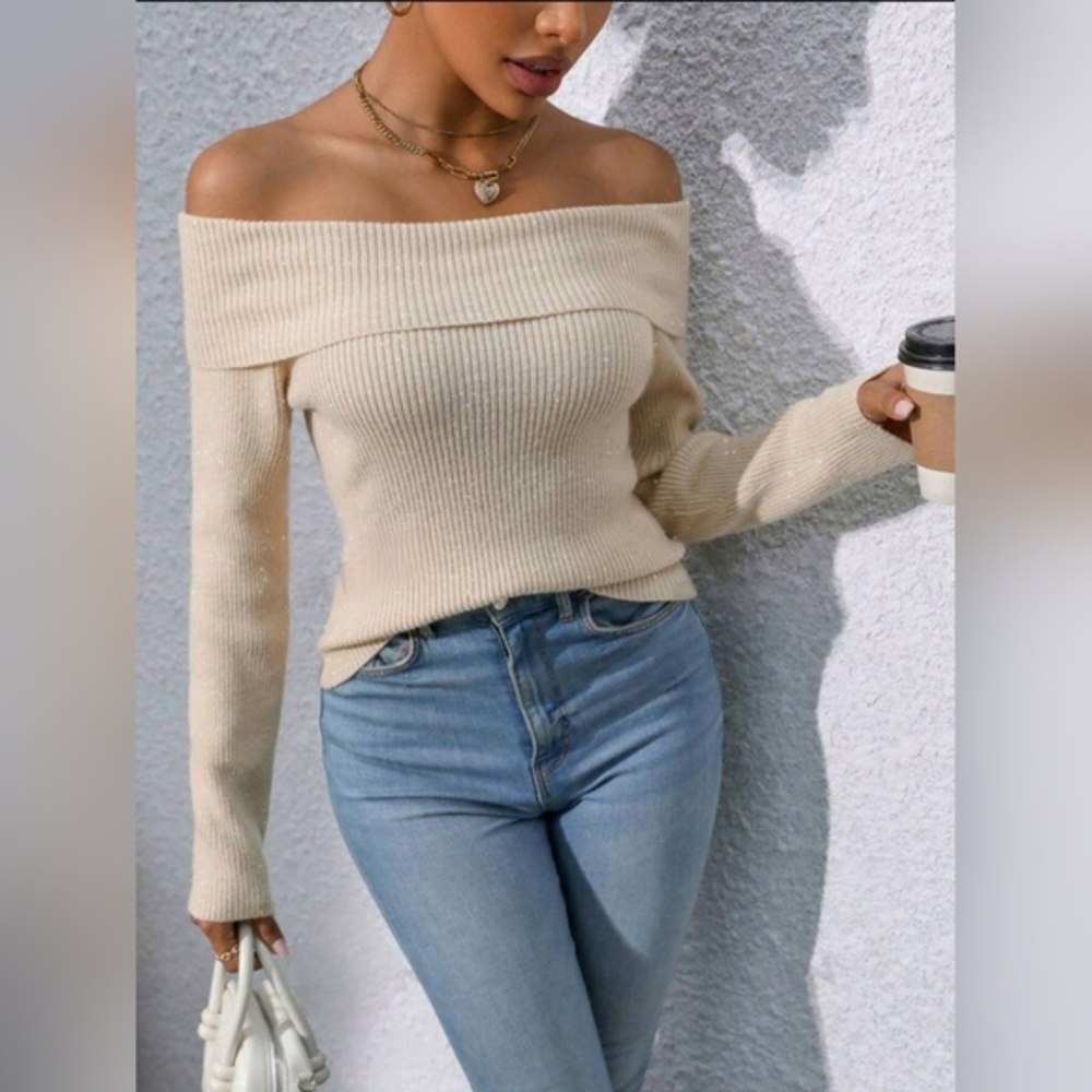 Foldover Off Shoulder Ribbed Knit Sweater